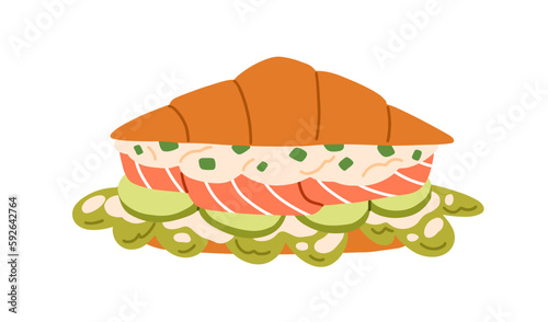 Croissant with salmon fish, lettuce, cream cheese, vegetables filling. French...