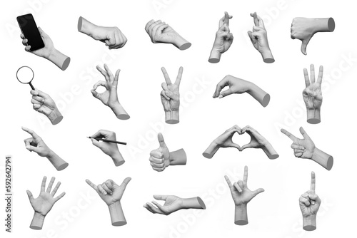Set of 3d hands showing gestures ok, peace, thumb up, dislike, point to object, shaka, rock, holding magnifying glass, writing on white background Fototapet