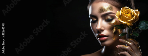 Beautiful model with a golg rose. Perfect woman face gold makeup close up. Gold Lipstick , generative ai tools  photo