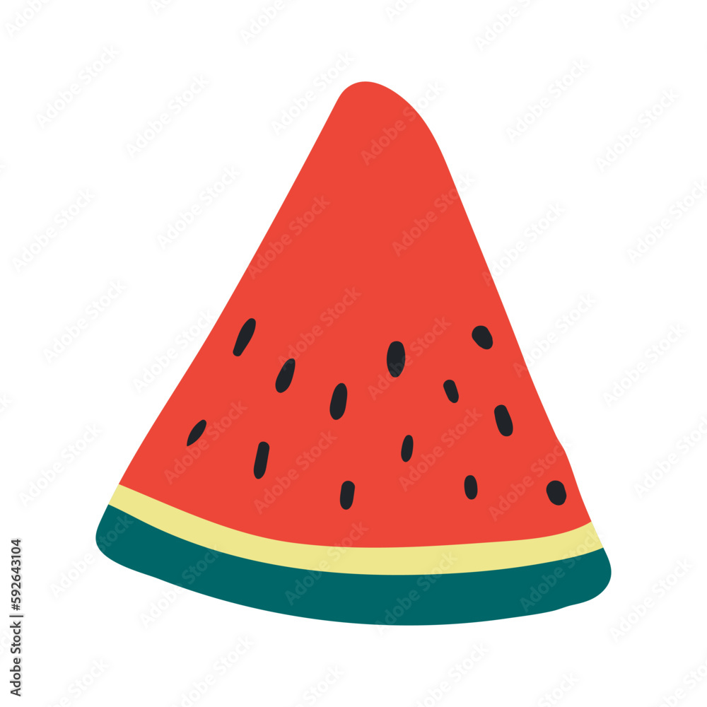 Watermelon slice hand drawn illustration. Cartoon style flat design, isolated vector. Summer food, fruit, seasonal print, menu element, holidays, vacations, beach, pool party Watermelon slice hand drawn illustration. Cartoon style flat design, isolated vector. Summer food, fruit, seasonal print, menu element, holidays, vacations, beach, pool party