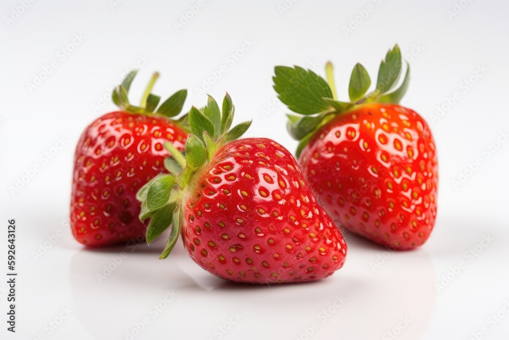 Three ripe strawberries on white background. Generative AI Three ripe strawberries on white background. Generative AI