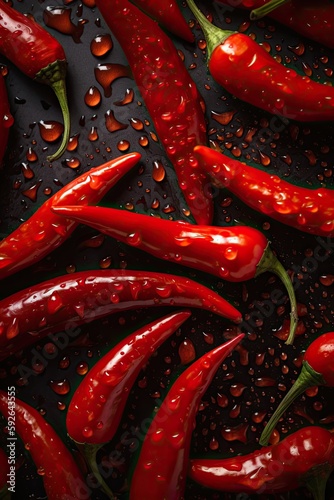 Red hot chilli peppers pattern texture background. Close up. A backdrop of Red hot chilli peppers. Generative Ai.
