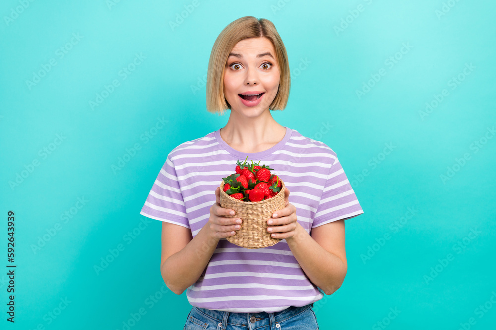 Photo of astonished girl with straight hairstyle dressed stylish t-shirt hold basket of strawberry isolated on turquoise color background Photo of astonished girl with straight hairstyle dressed stylish t-shirt hold basket of strawberry isolated on turquoise color background