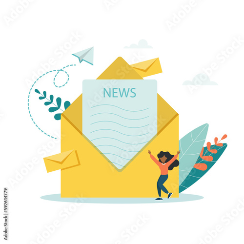 Concept woman got good news. Envelope with news banner for the site. Flat vector illustration.
