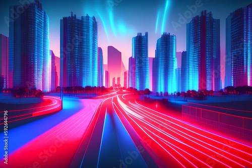 3D cityscape with red and light blue light trail on the road. - generative ai 