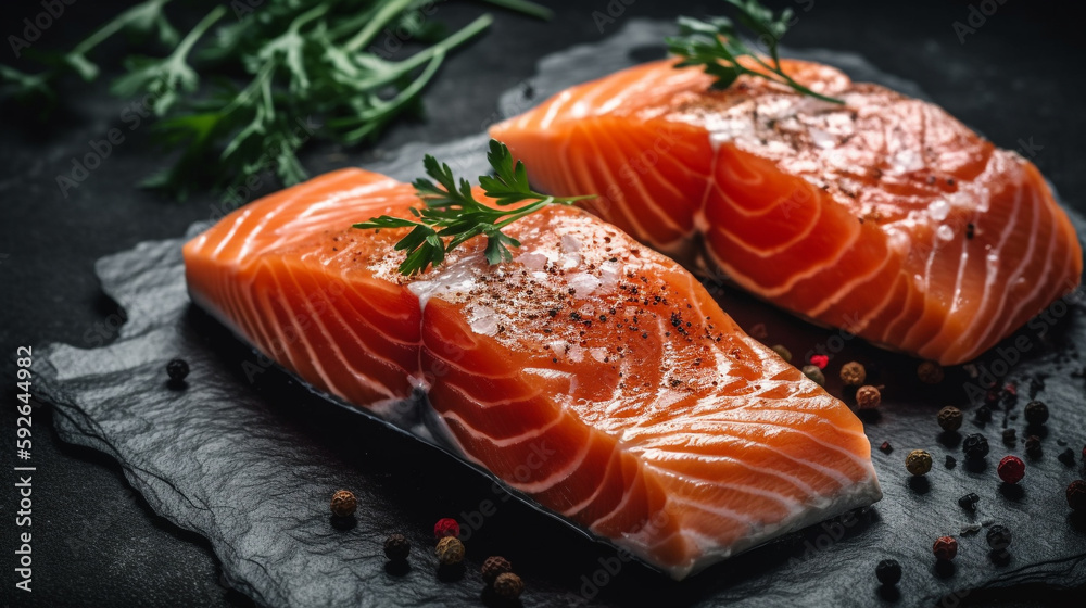 A Tasty Treat: Two Raw Salmon Fillets on a Dark Stone Background with Copyspace for Your Text. Ai Generated Art. Seafood Salmon Fillets for your Concept with lots of Copyspace, Wallpaper, Background. A Tasty Treat: Two Raw Salmon Fillets on a Dark Stone Background with Copyspace for Your Text. Ai Generated Art. Seafood Salmon Fillets for your Concept with lots of Copyspace, Wallpaper, Background.