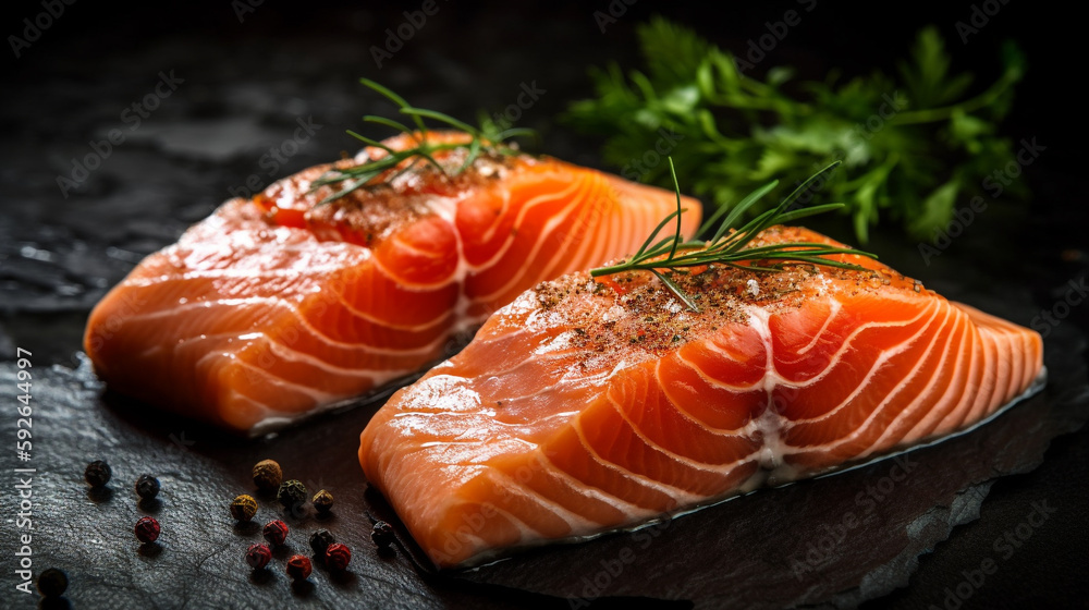 The Ultimate Seafood Display: Two Raw Salmon Fillets on a Slate Background with Copyspace. Ai Generated Art. Seafood Salmon Fillets for your Concept with lots of Copyspace, Wallpaper, Background. The Ultimate Seafood Display: Two Raw Salmon Fillets on a Slate Background with Copyspace. Ai Generated Art. Seafood Salmon Fillets for your Concept with lots of Copyspace, Wallpaper, Background.
