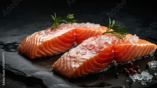 The Perfect Sushi Shot: Two Raw Salmon Fillets on a Slate Background with Copyspace. Ai Generated Art. Seafood Salmon Fillets for your Concept with lots of Copyspace, Wallpaper, Background.