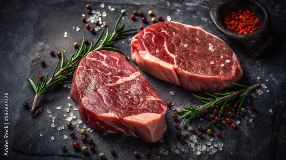 The Perfect Food Art: Two Raw Steaks on a Slate Background with Copyspace. Ai generated Art. Food Concept Art with lots of Copyspace for your Food Art. Delicous Delight.
