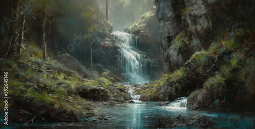 Tranquil cascading misty waterfall with crystal clear flowing stream, mossy rocks and cliffs with lush vegetation and pristine woodland trees, calming and serene nature getaway - Generative AI  © SoulMyst