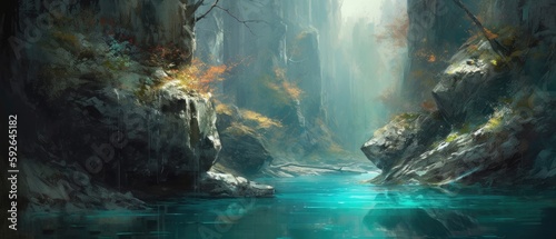 Tranquil cascading misty waterfall with crystal clear flowing stream  mossy rocks and cliffs with lush vegetation and pristine woodland trees  calming and serene nature getaway - Generative AI 