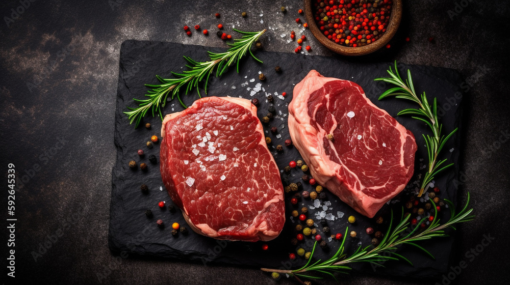 The Ideal Steak Display: A Raw Steak on a Dark Stone Background with Copyspace. Ai generated Art. Food Concept Art with lots of Copyspace for your Food Art. Delicous Delight.