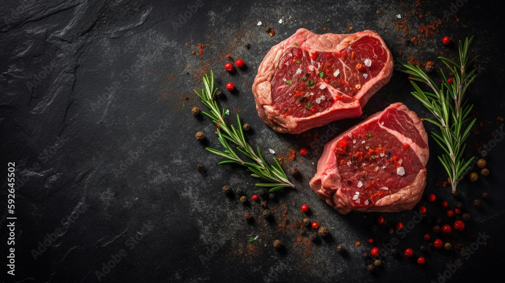 The Ultimate Food Art: Two Raw Steaks on a Slate Background with Copyspace. Ai generated Art. Food Concept Art with lots of Copyspace for your Food Art. Delicous Delight.