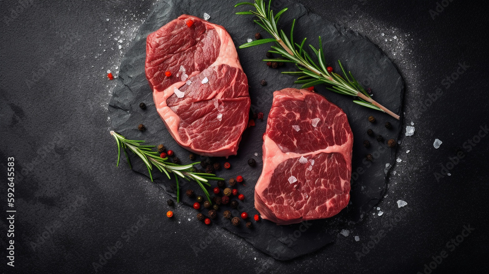 Creating a Mouth-Watering Display: A Raw Steak on a Dark Stone Background with Copyspace. Ai generated Art. Food Concept Art with lots of Copyspace for your Food Art. Delicous Delight.