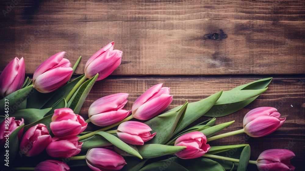 The Perfect Complement: A Tulip Border with Copyspace on a Spring-Inspired Wooden Background. AI generated Art. Background, Wallpaper, Spring and summer vibes for your Concept with lots of Copyspace.