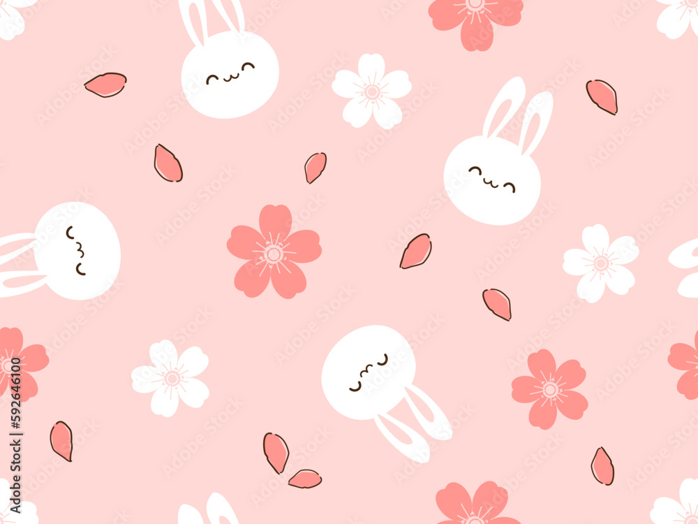 Seamless pattern with cherry blossom and bunny rabbit cartoons on pink background vector illustration. Seamless pattern with cherry blossom and bunny rabbit cartoons on pink background vector illustration.