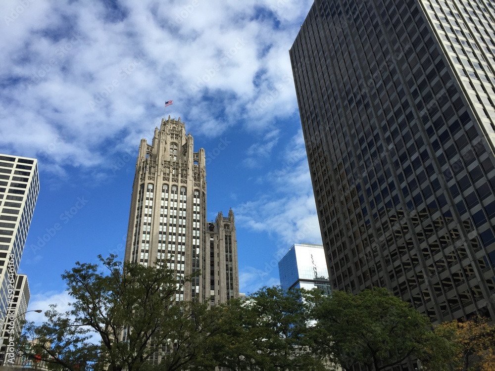 Skyscrapers in Chicago with a big blue sky