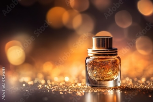 Beautiful bottle perfume in golden colors, generative ai