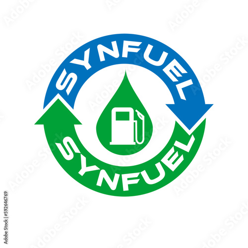 Synfuel, or syntethic fuel. Information label sign for alternative fuels made of hydrogen and CO2 from different sources.