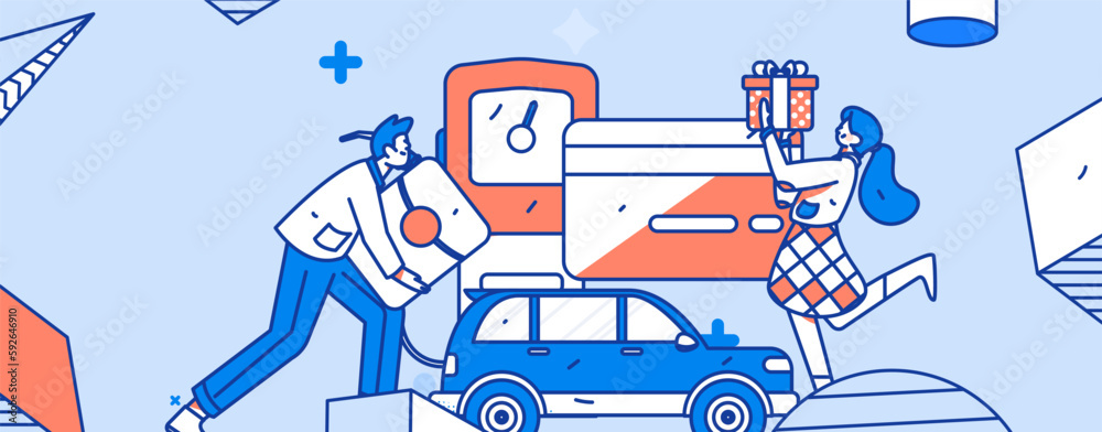 Fototapeta premium Vector internet operation hand-drawn illustration of people getting discounts for refueling the car 