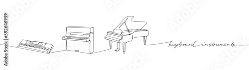 Keyboard instruments set piano, synthesizer one line art. Continuous line drawing of piano, chord, antique, music, keyboard, concert, instrument classic with an inscription, lettering, handwritten.