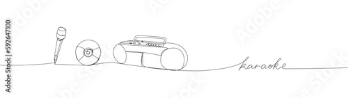 Karaoke, audio recording set one line art. Continuous line drawing musical, cd disk, record player, tape recorder, music, karaoke, record broadcast media with an inscription, lettering, handwritten.