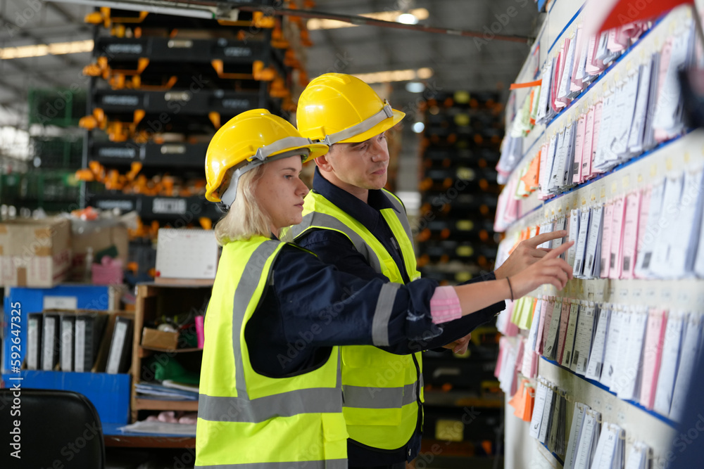 Multiethnic industrial workers checking their logistic lists while working with transportation of goods in warehouse Multiethnic industrial workers checking their logistic lists while working with transportation of goods in warehouse