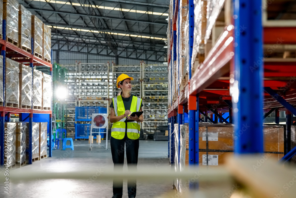 woman worker or supervisor controlling stock in a warehouse.