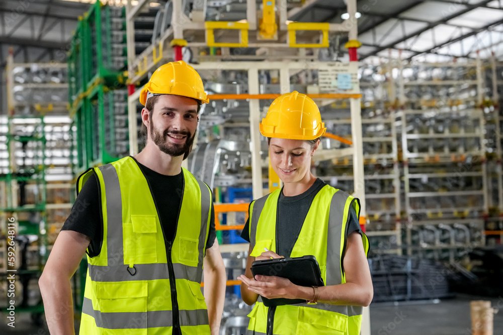Multiethnic industrial workers checking their logistic lists while working with transportation of goods in warehouse Multiethnic industrial workers checking their logistic lists while working with transportation of goods in warehouse