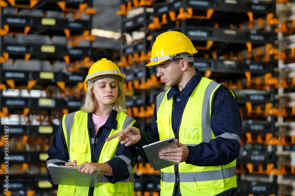 Multiethnic industrial workers checking their logistic lists while working with transportation of goods in warehouse Multiethnic industrial workers checking their logistic lists while working with transportation of goods in warehouse