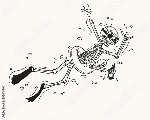 Cartoon skeleton jumping out of the water. Summer vibe . Outline illsutration

