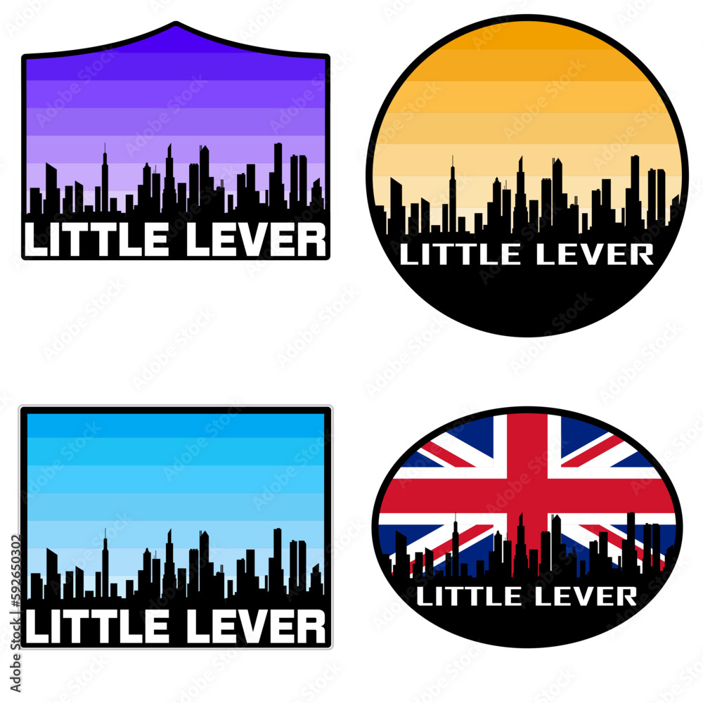 Obraz premium Little Lever Skyline Silhouette Uk Flag Travel Souvenir Sticker Sunset Background Vector Illustration SVG EPS AI