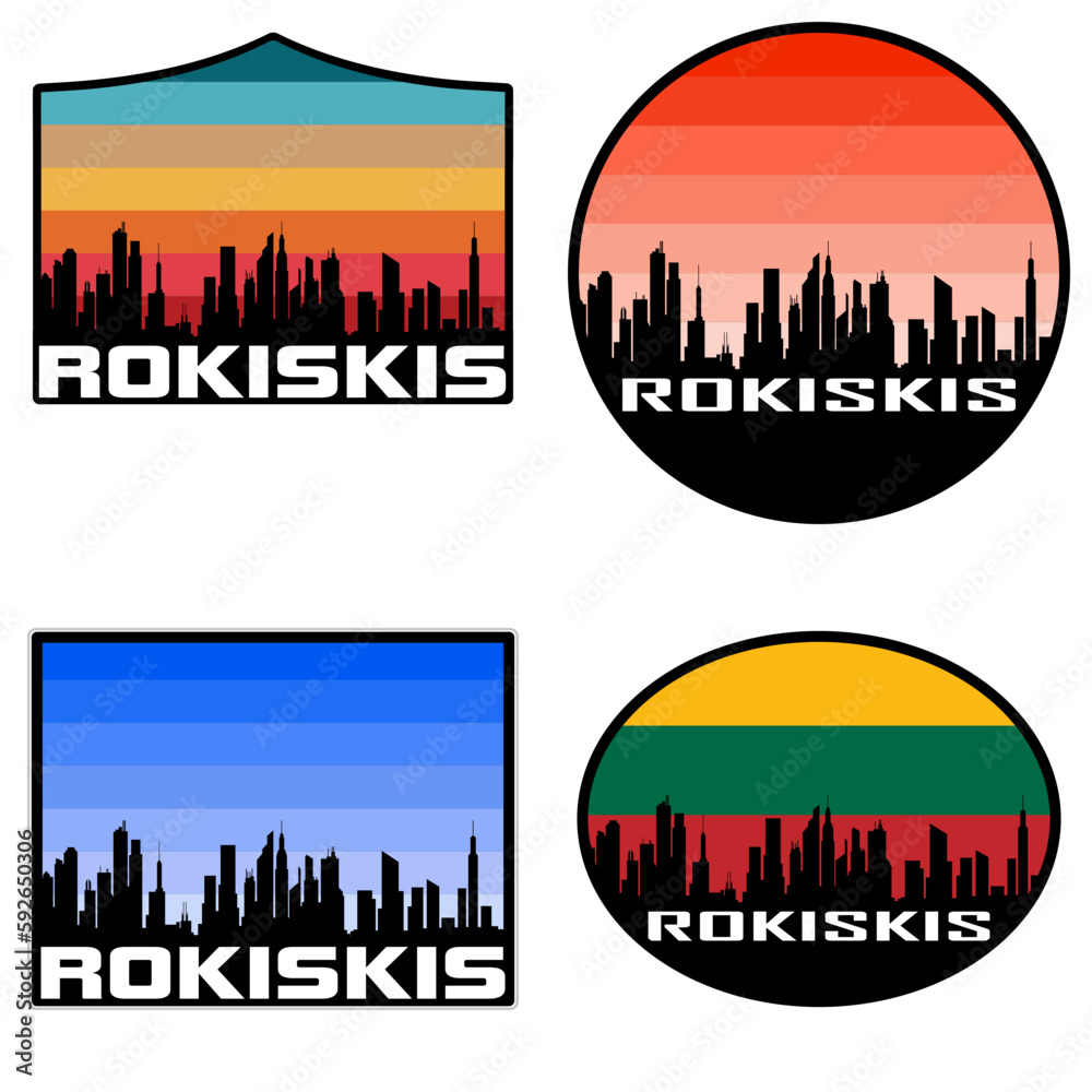 Rokiskis Skyline Silhouette Lithuania Flag Travel Souvenir Sticker Sunset Background Vector Illustration SVG EPS AI