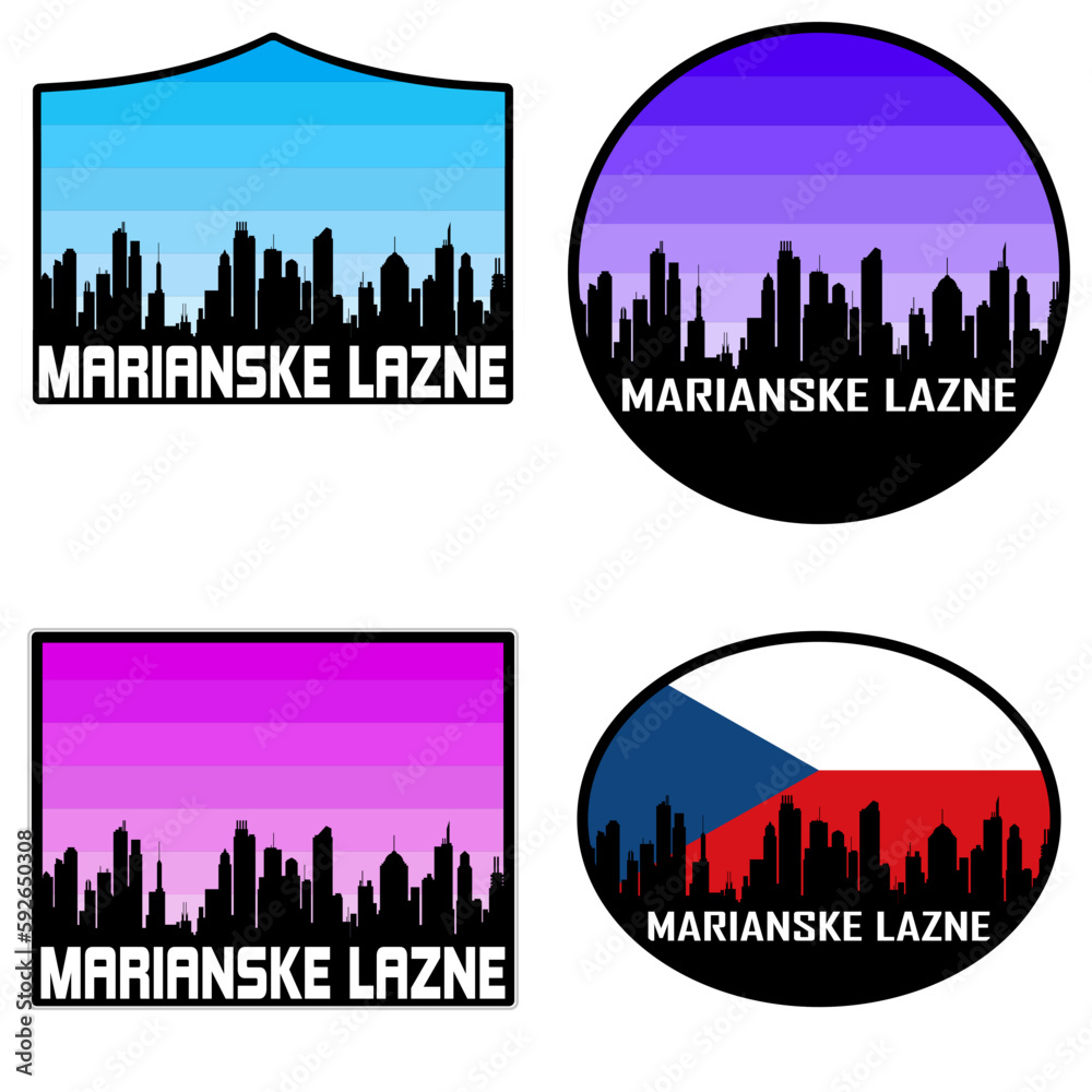 Marianske Lazne Skyline Silhouette Czech Flag Travel Souvenir Sticker Sunset Background Vector Illustration SVG EPS AI