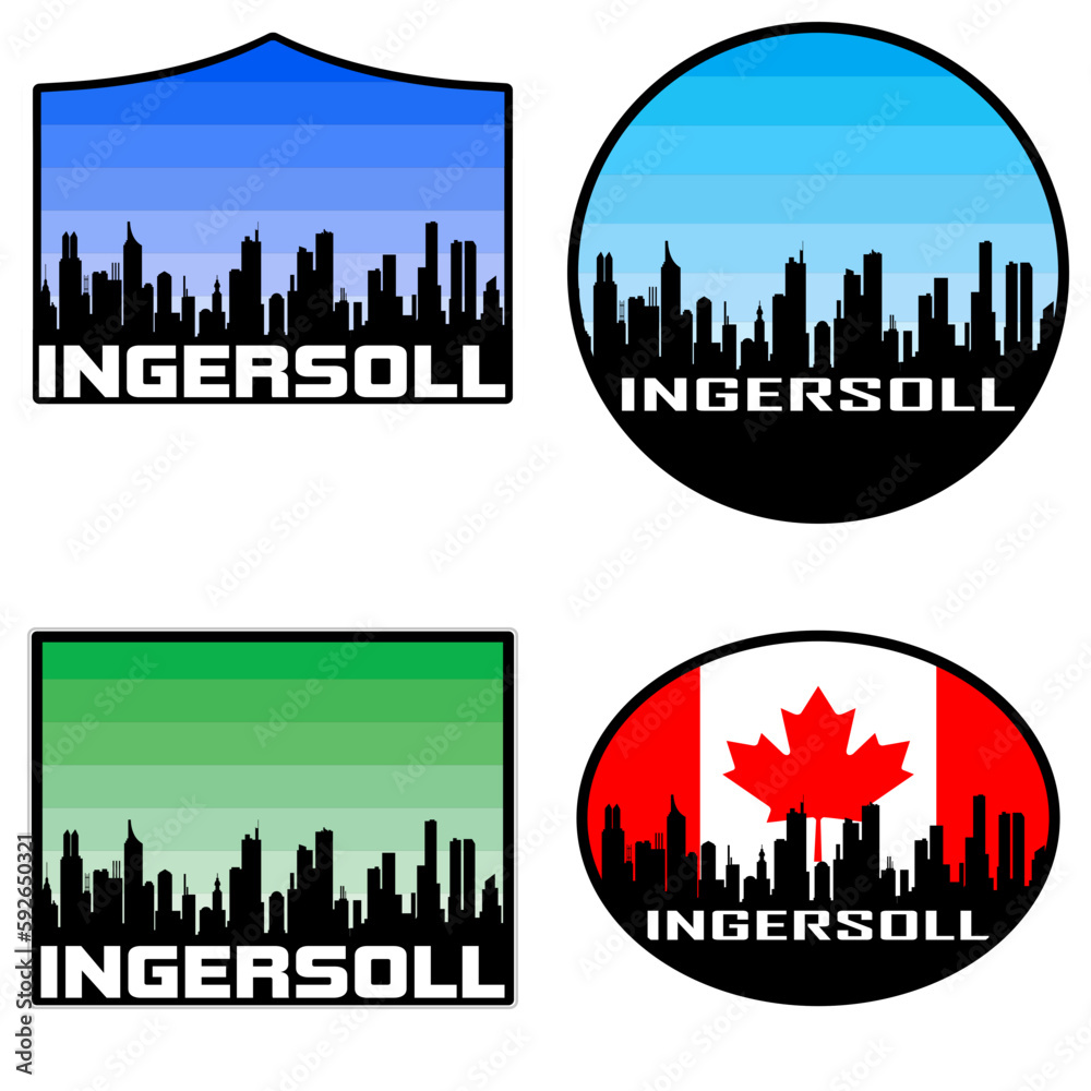 Ingersoll Skyline Silhouette Canada Flag Travel Souvenir Sticker Sunset Background Vector Illustration SVG EPS AI