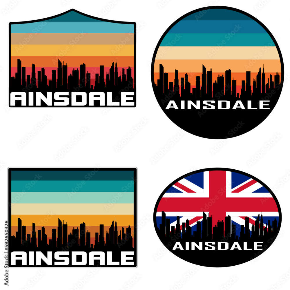 Ainsdale Skyline Silhouette Uk Flag Travel Souvenir Sticker Sunset Background Vector Illustration SVG EPS AI