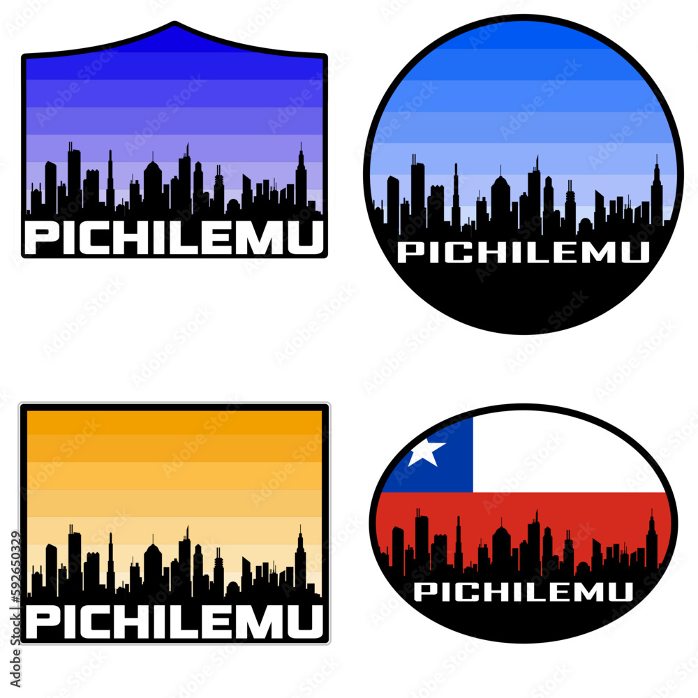 Pichilemu Skyline Silhouette Chile Flag Travel Souvenir Sticker Sunset Background Vector Illustration SVG EPS AI