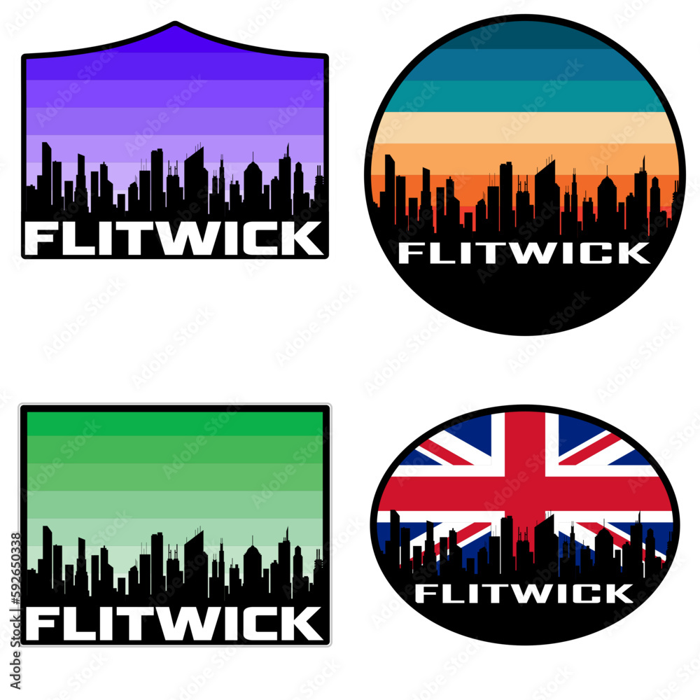 Flitwick Skyline Silhouette Uk Flag Travel Souvenir Sticker Sunset Background Vector Illustration SVG EPS AI