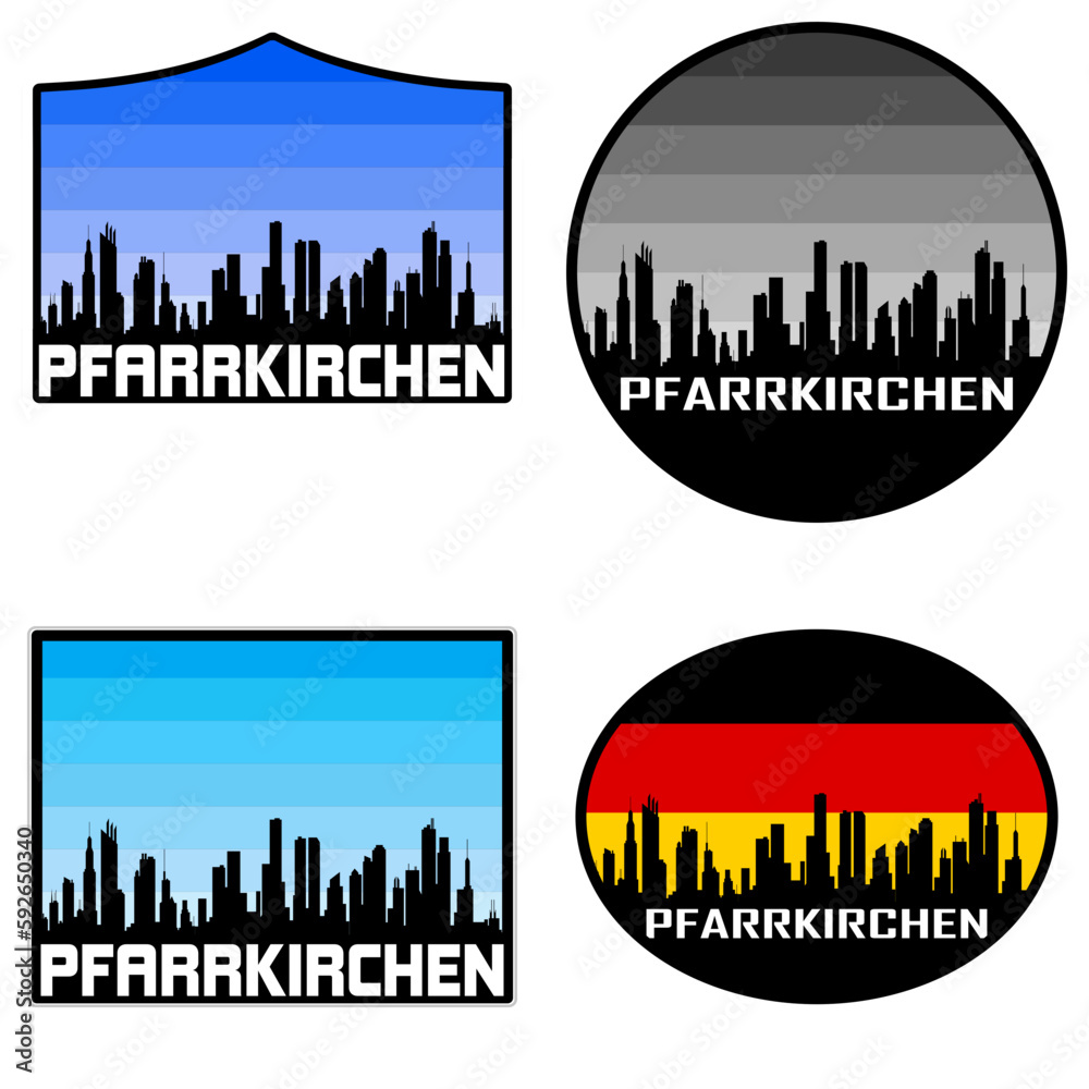 Pfarrkirchen Skyline Silhouette Germany Flag Travel Souvenir Sticker Sunset Background Vector Illustration SVG EPS AI
