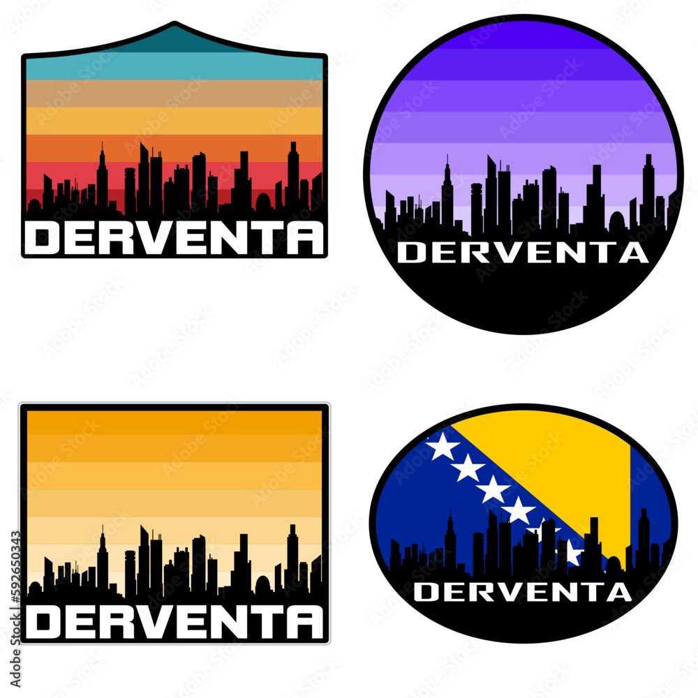 Derventa Skyline Silhouette Bosnia Flag Travel Souvenir Sticker Sunset Background Vector Illustration SVG EPS AI