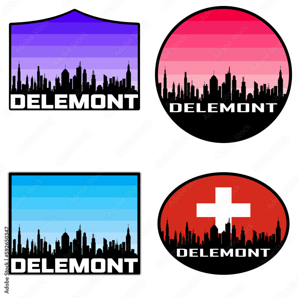 Delemont Skyline Silhouette Switzerland Flag Travel Souvenir Sticker Sunset Background Vector Illustration SVG EPS AI