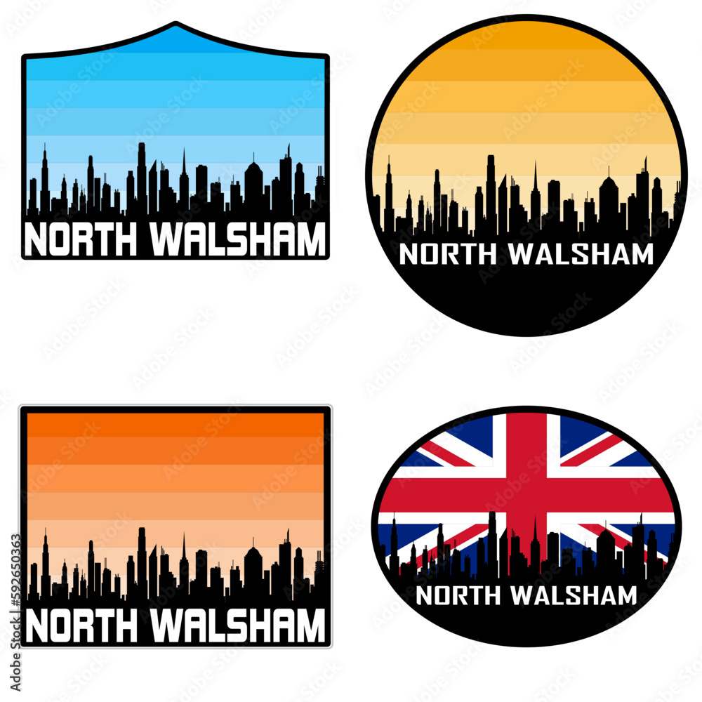 North Walsham Skyline Silhouette Uk Flag Travel Souvenir Sticker Sunset Background Vector Illustration SVG EPS AI