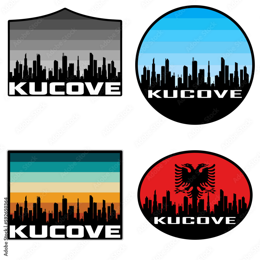 Kucove Skyline Silhouette Albania Flag Travel Souvenir Sticker Sunset Background Vector Illustration SVG EPS AI