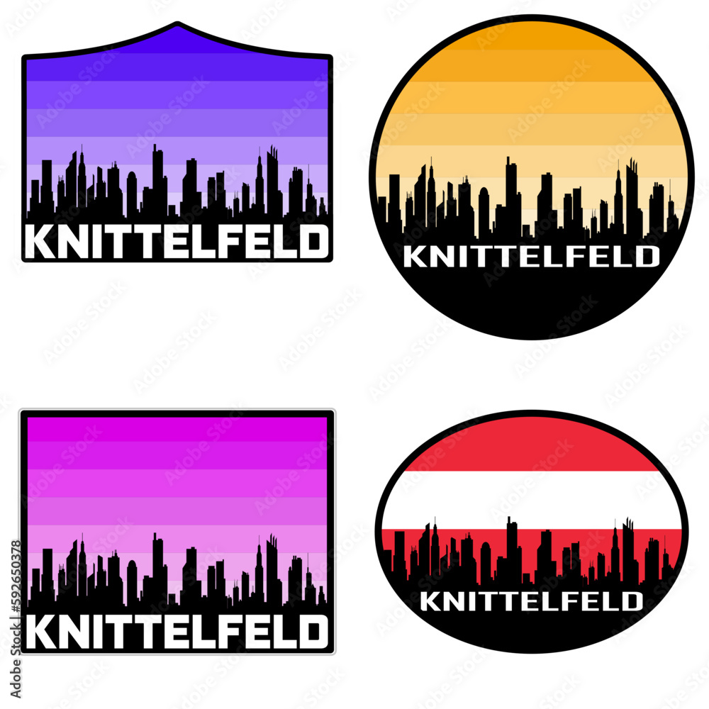 Knittelfeld Skyline Silhouette Austria Flag Travel Souvenir Sticker Sunset Background Vector Illustration SVG EPS AI