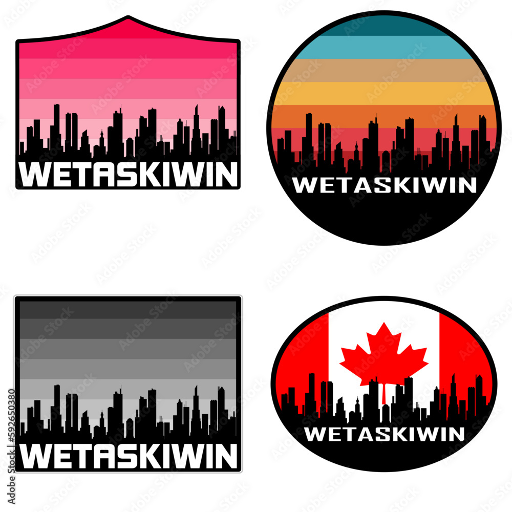 Wetaskiwin Skyline Silhouette Canada Flag Travel Souvenir Sticker Sunset Background Vector Illustration SVG EPS AI
