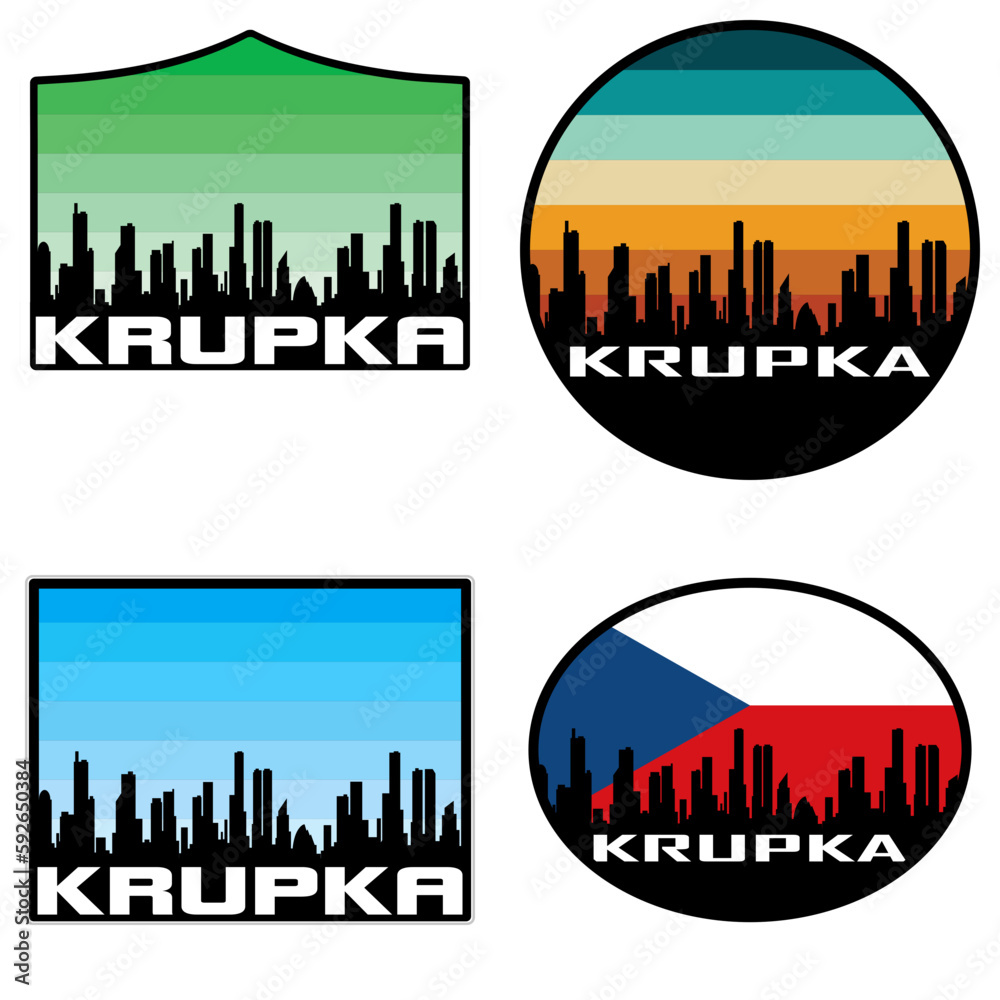 Krupka Skyline Silhouette Czech Flag Travel Souvenir Sticker Sunset Background Vector Illustration SVG EPS AI