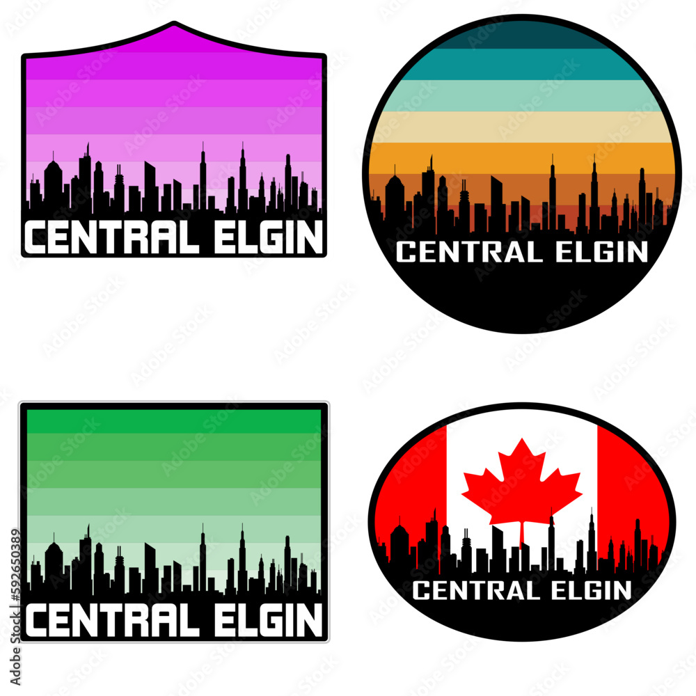 Central Elgin Skyline Silhouette Canada Flag Travel Souvenir Sticker Sunset Background Vector Illustration SVG EPS AI