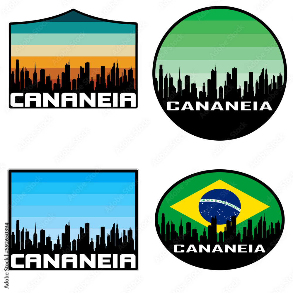 Cananeia Skyline Silhouette Brazil Flag Travel Souvenir Sticker Sunset Background Vector Illustration SVG EPS AI