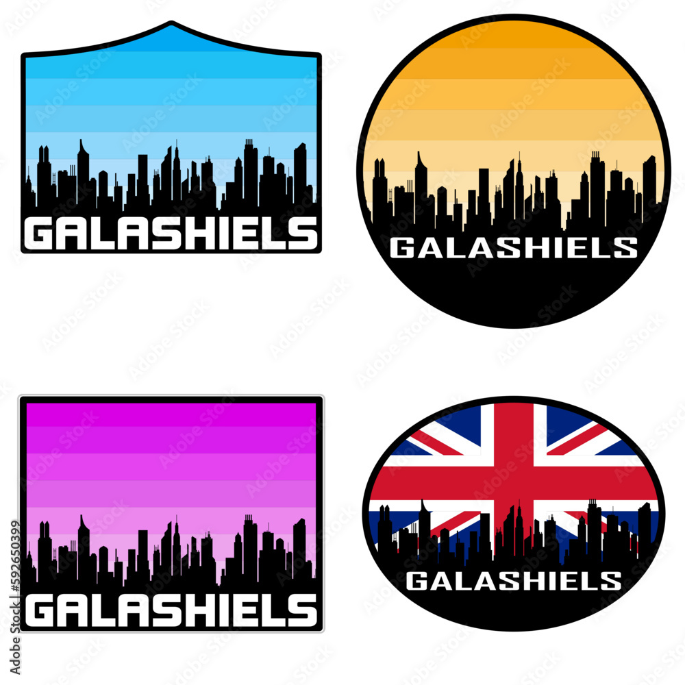 Galashiels Skyline Silhouette Uk Flag Travel Souvenir Sticker Sunset Background Vector Illustration SVG EPS AI