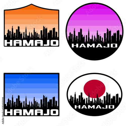 Hamajo Skyline Silhouette Japan Flag Travel Souvenir Sticker Sunset Background Vector Illustration SVG EPS AI